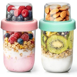 ComSaf ComSaf 2-Pack 16 oz Overnight Oats Containers with Lids, Glass Jars with Airtight Lids, Dual-Laryer Chia Pudding Jars with Dry and Wet Separation, Yogurt Parfait Cups for Oatmeal Cereal Nut Fruit
