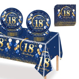 MORAINJAY 37Pcs Birthday Tableware Set for 18,Navy Blue Gold Tableware Set for 18th Birthday Party with Plates,Napkins,Tablecloth,Dinnerware Set for 18,Party Supplies Table Decor for Him,Men,Adults