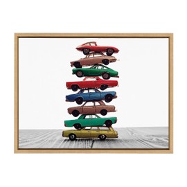 Kate and Laurel Sylvie Stacked Cars Framed Canvas Wall Art by Saint and Sailor Studios; 18x24 Natural; Modern Colorful Car Toys Art for Wall