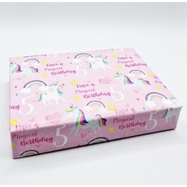 Geschenkpapier zum 5. Geburtstag, Einhorn-Motiv, Mädchen, Rosa, Alter 5, niedliches Einhorn- und Regenbogen-Design, Geburtstagsgeschenkpapier, weiblich, Rosa (PA)