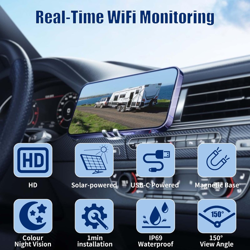 WiFi Magnetic Solar Wireless Backup Camera, 10000mAh Rechargeable 1080P Rear