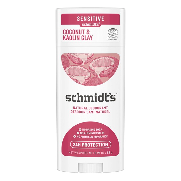 Schmidt's Aluminum Free Natural Deodorant for Women and Men, Coconut & Kaolin Clay for Sensitive Skin with 24 Hour Odor Protection, Certified Natural, Vegan, Cruelty Free, 3.25 oz