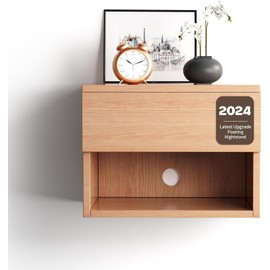 Floating Nightstand, Modern Wall Mounted Bedside Table with Drawer, Wood Bedside Shelf & Desk, End Table Wood Modern Night Stand for Bedroom (Beech QD1, Set of 1)