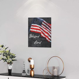 American Flag Wall Art Retro American Flag Pictures Wall Decor Old Vintage Blessed Nation Canvas Painting Art Patriotic Artwork Framed for Bedroom Living Room Office 12"x16"