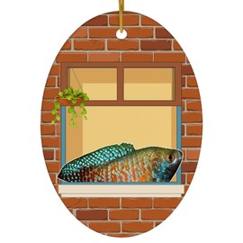 Sunflower Neon Blue Dwarf Gourami Portrait Window Christmas Ornament Oval Ceramic - Pet Owners Gifts