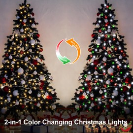 Battery Operated Christmas Red White Green String Lights, Dual Color Changing 100 LED Fairy Lights 33Ft Clear Wire with Remote Timer Christmas Lights for Outdoor Indoor Xmas Tree Festive Decorations