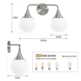 HAHZT Bathroom Vanity Light Fixtures: Brushed Nickel 2-Light Mid Century Farmhouse Bathroom Lighting Fixtures Over Mirror - Wall Sconce with Frosted Globe Glass for Hallway Restroom