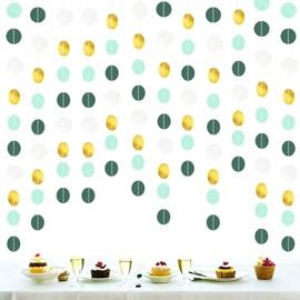 We Moment Zone 52 Ft Sage Green Cream and Gold Glitter Paper Circle Dots Garland, 6 Pieces Forest Green Hanging Round Garland for Birthday Wedding Baby Shower Party Decoration