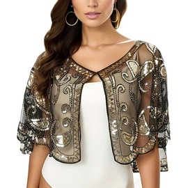 changyexi Sequin Shawl Cape for Women Formal,Black, Mesh Evening Wrap,1920s Art Lace Deco Beaded Capelet, Formal Cover Up (Black gold)