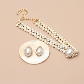 S SUSANN Faux pearl necklace set imitation pearl necklace and earring good gift for women (white rhinestones short choker)
