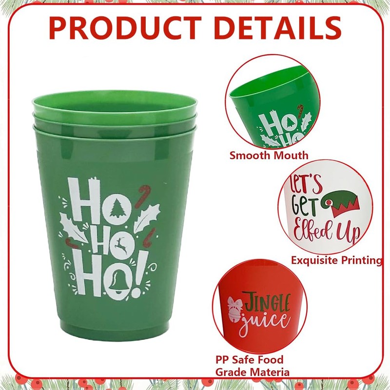 Cosiesnest 12Pcs Reusable Christmas Plastic Cups 450ML Red Party Cup