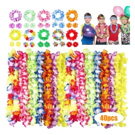 40 Piezas Collares Hawaiano Flores De Fiesta Leis De Decoraciones Heobei Para Fiesta Luau/evento/playa/cumpleaños/decoraciones/boda (10 Collares + 20 