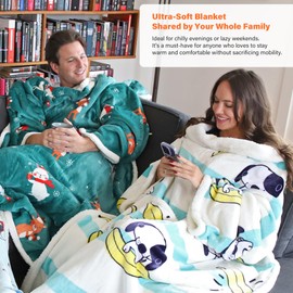 Catalonia Sherpa Wearable Blanket with Sleeves Arms, Comfy Sleeved TV Wrap Blanket, Large Snuggly Throw for Women and Men, Gift for Her, Banana Dog
