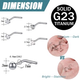 ZS 4pcs 20g 23mm CZ L Shape L Shaped Nose Ring for Women, crystal rhinestone, Cubic Zirconia