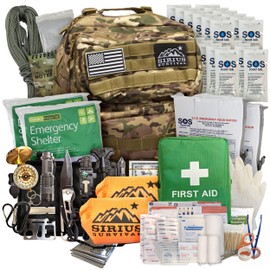Sirius: Bug Out Bag Starter Kit - 72 Hour Kit for 1 Person – Backpack Survival Kit – 50L Tactical Backpack, US Made Food & Water, Medical Supplies & Survival Tools (Camo, 2 Person)