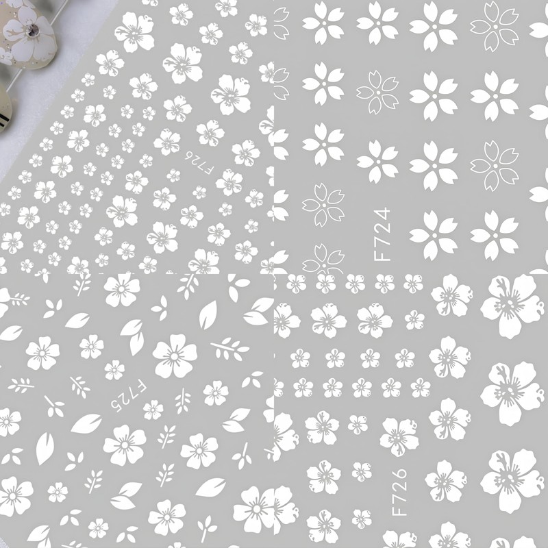 6Pcs White Flower Nail Stickers 3D Self-Adhesive Hibiscus Nail Decals