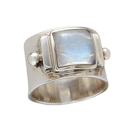 QUSIIOSLK 925 Sterling Silver Square Cut Moonstone Wide Band Ring Boho Vintage Rainbow Natural Moonstone Statement Solitaire Ring Retro Jewelry Gift for Women 10