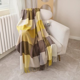 Temminc Pure Wool Throw Blanket for Couch,Soft Cozy Fleece Throw for Chair Sofa Bed Car Outdoor, Wool Fringed Knee Blanket 55" x 83",2LBS,Yellow Brown Plaid