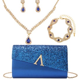 YYW 4 Pieces Purse Rhinestone Jewelry Set, Rhinestone Evening Bag Clutch Purses for Women, Ladies Sparkling Glitter Party Handbag Wedding Bag (Royal blue)