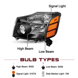 JSBOYAT Headlight Assembly Compatible with 2004-2015 Titan / 05-07 Armada Replacement Headlamp Passenger and Driver Side Black Housing with Amber Reflector
