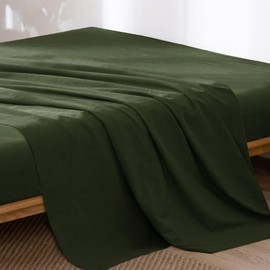 MooMee Flat Top Sheet Only 100% Washed Cotton Linen Like Textured Breathable Durable Soft Comfy (Olive Green, King)