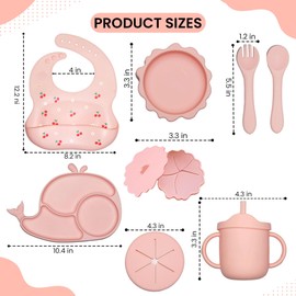 Silicone Baby Feeding Set 14 Pcs | Baby Led Weaning Supplies | Baby Spoons Suction Bowl Divided Plate Bib Cup | First Stage Solid Food Eating Utensils - 6+ Months (Pink)