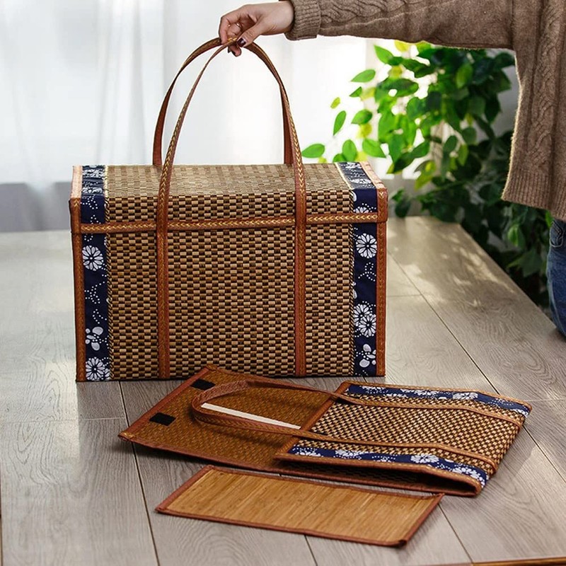 Lobamop Picnic Woven Basket Wicker Storage Bag Handle Folded Fruit