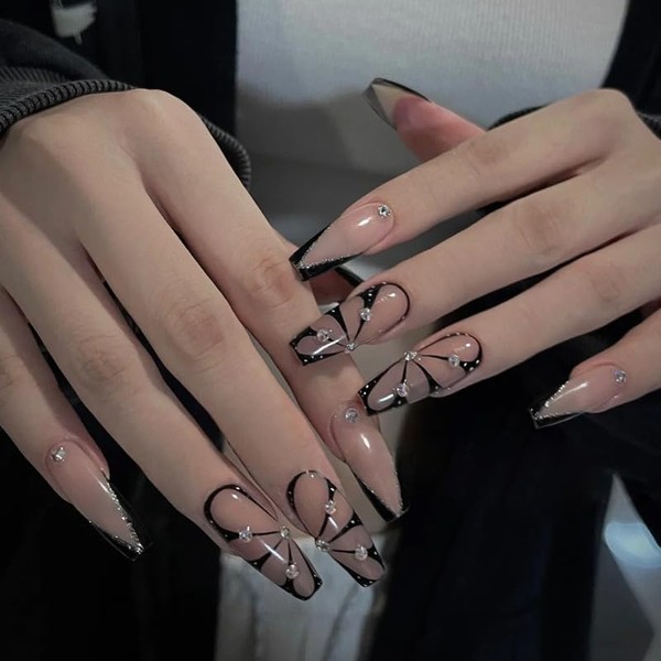 Dikixe French Black Top Glossy Press On False Nails,Handmade Long