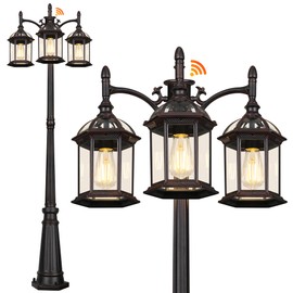 Dusk to Dawn Outdoor Lamp Post Light with 3 LED Bulbs, Triple Head Aluminum Street Light Post for Outside with Sensor, Waterproof Birdcage Pole Lighting Fixture for Backyard Garden Patio Bronze