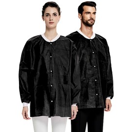 Greenour Pack of 10 Disposable Lab Coats Black for Adults Short Lab Jacket with Knitted Cuffs and Collar, 3 Pockets (Medium)