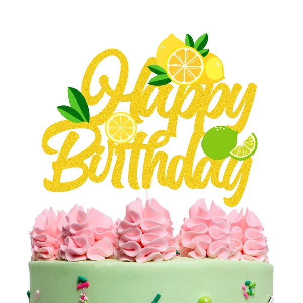 C/A Decoración para tarta de limón con texto en inglés "Happy Birthday" con temática de limón, decoración para tartas de cumpleaños y limón para cumpleaños, color dorado