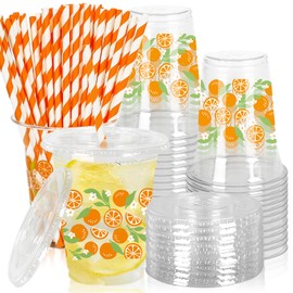 JarThenaAMCS 50Pcs Little Cutie Plastic Cups with Lids and Straws Orange Floral Clear Plastic Cups 12oz Disposable Cups for Baby Shower Gender Reveal Party Supplies