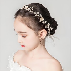 SAPOSTA Flower Girl Headpiece, Flower Girl Hair Accessory, Wedding Headband for Girls, Princess Crystal Pearl Hair Accessories for Birthday, Party, First Communion,Wedding (B#Gold, One Size)
