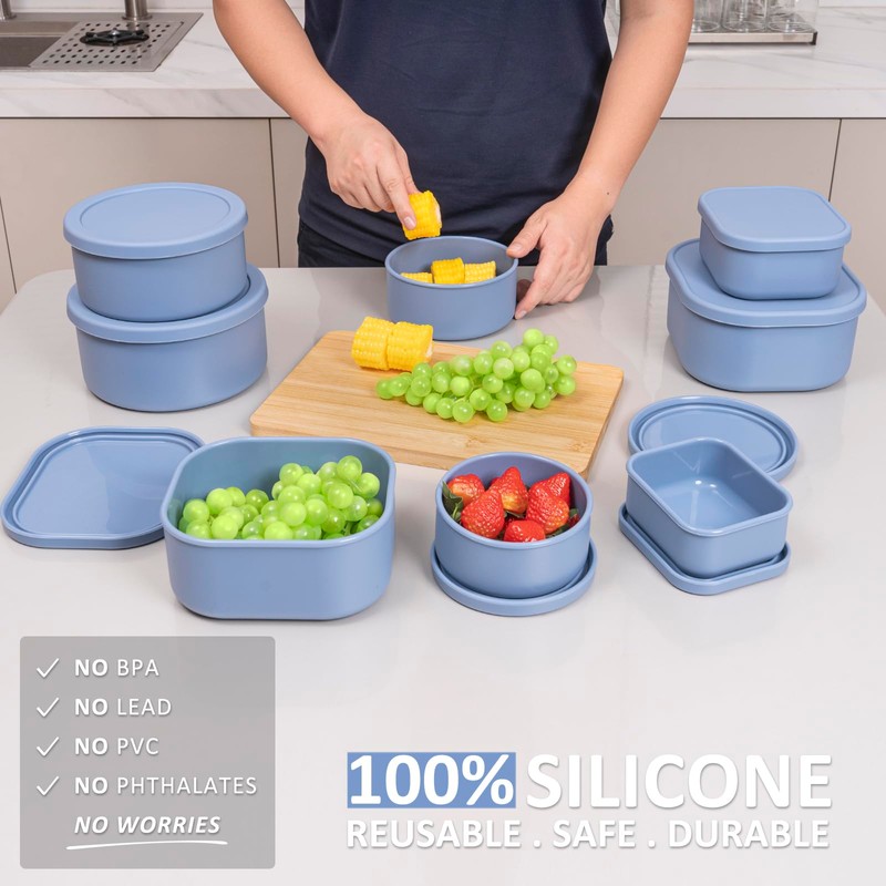 100% Silicone Food Storage Containers with Lids, 8 Pack, 10oz