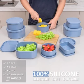 100% Silicone Food Storage Containers with Lids, 8 Pack, 10oz to 51oz, Reusable Leakproof Nesting & Stackable Silicone Bento Lunch Box, Microwave Freezer Dishwasher Oven Safe, BPA Free, Slate Blue