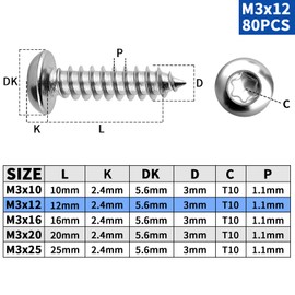 Pack of 80 Tapping Screws M3 x 12 mm Stainless Steel Rounded Head Screws Flat Head Screws Wood Full Thread Round Head Screws Self-Tapping Screws Torx for Spax Screws Acoustic Panels (Silver)