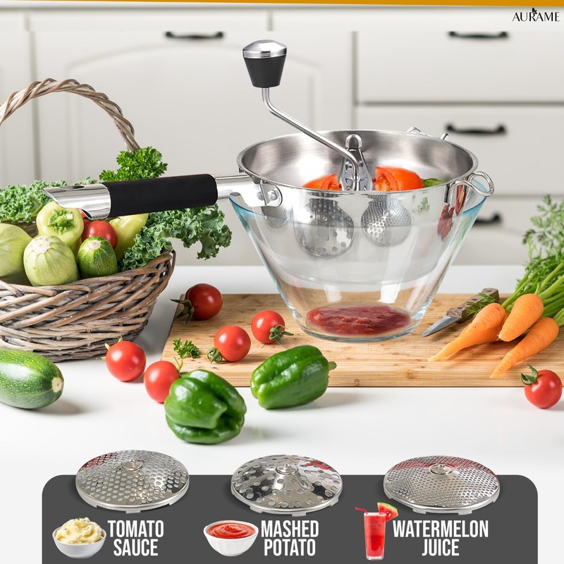 AURAME Premium Stainless Steel Food Mill - Effortless Pureeing, Straining