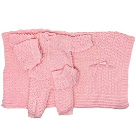 I&S Newborn Infant Baby 5 Pieces Knit Crochet Set Warm Winter Fashionable Layette Set Comfort Girls Boys Unisex (0-3 Months, Pink)