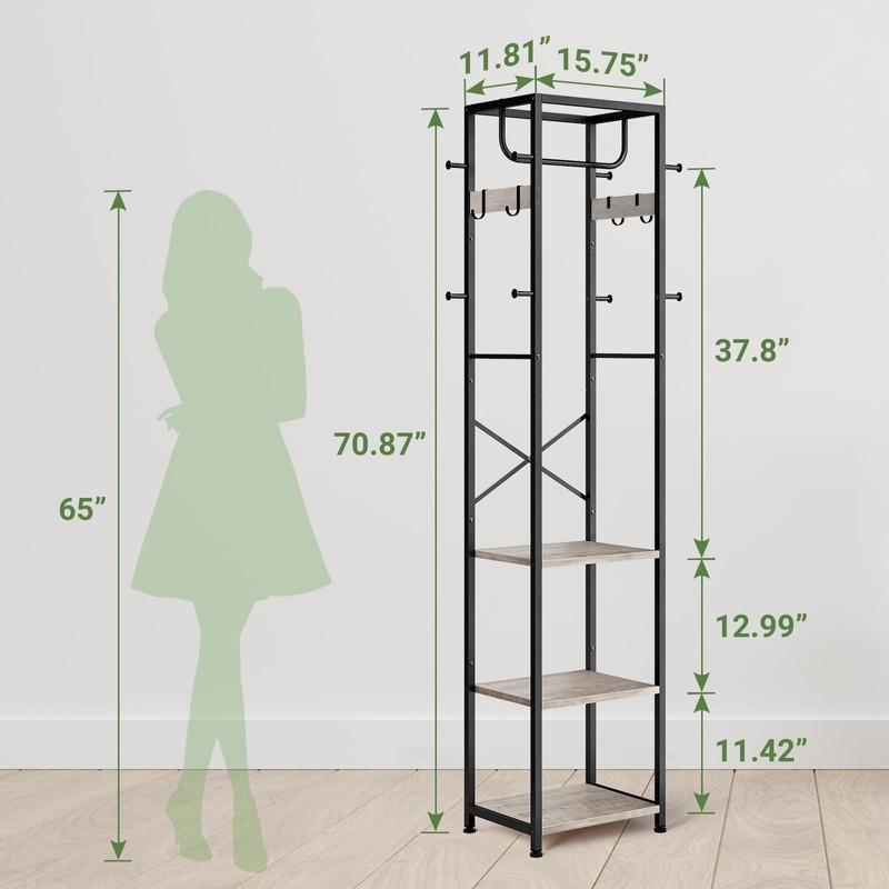 ELYKEN Coat Rack Freestanding, Hall Tree with 3 Storage Shelves