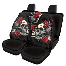 Howilath Car Seat Covers Full Set for Front Back Seat Protector Gothic Skull Red Rose Print Car Front Saddle Blanket and Auto Rear Bench Cover