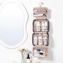 NISHEL Travel Toiletry Bag for women, Portable Hanging Organizer for Travel-Sized Shampoo, Conditioner, Brushes Set, Makeup Accessories, Medium Size, Aegean-Blue