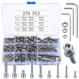 M3 M4 M5 Cylinder Screws with Washers, 270 Hex Screws with Hexagon Socket Screws Set, Stainless Steel Bicycle Thread Screws, Allen Screw and Nuts Assortment Set