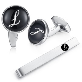 (L) - HONEY BEAR Initial Alphabet Letter Cufflinks Tie Clip Set for Mens - Black Round Stainless Steel, for Business Wedding Gift A - Z