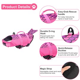 Dog Life Jacket,Cute Shark Dog Life Vest for Swimming Boating with High Buoyancy and Durable Rescue Handle,Adjustable Puppy Floating Swim Vest for Small Medium Large Dogs (Pink Mermaid, Small)