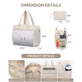 Lunch Tote Bag for Women Work, 17.3 Inch Laptop Purse with Insulated Lunch Compartment Coin Wallet for Meal, Large Puffy Quilted Travel Duffle Bag Beige