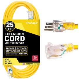 Thonapa 25 Ft 10 Gauge Extension Cord, Weatherproof Heavy Duty Outdoor Extension Cord 10 AWG 25', SJTW 3 Prong Lighted Plug 10/3 Yellow Cable 15 Amp, Great for Major Appliances & Garden Tools