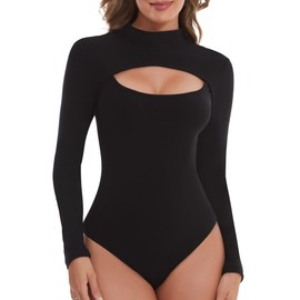 SHAPERIN Bodysuit Sleeveless / Long Sleeve Women's String Body Underbody Sleeveless/Long Sleeve Bodysuits Top Mock Neck Bodies Cuout-Out, Black long sleeve
