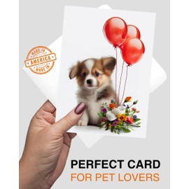 Puppy with Red Balloons and Flowers All Occasions Greeting Card from Unique Dogs Party Delights Collection Large 5x7 Inch Blank Inside with Envelope