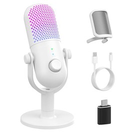 USB Microphone for PC Gaming: Condenser Microphone RGB for Gamer with Stand Mic - Recording Mic for Computer&Laptop with Qiuck Mute - Desk Podcast Mic for Podcast & Singing & Streaming & Youtube White