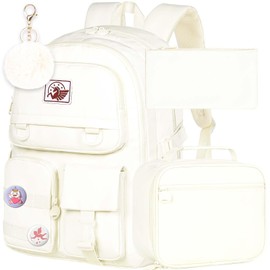 CCJPX 3PCS Backpacks for Girls, 16 inch Elementary School Laptop Bag College Bookbag, Anti Theft Daypack for Teens Students Women - White